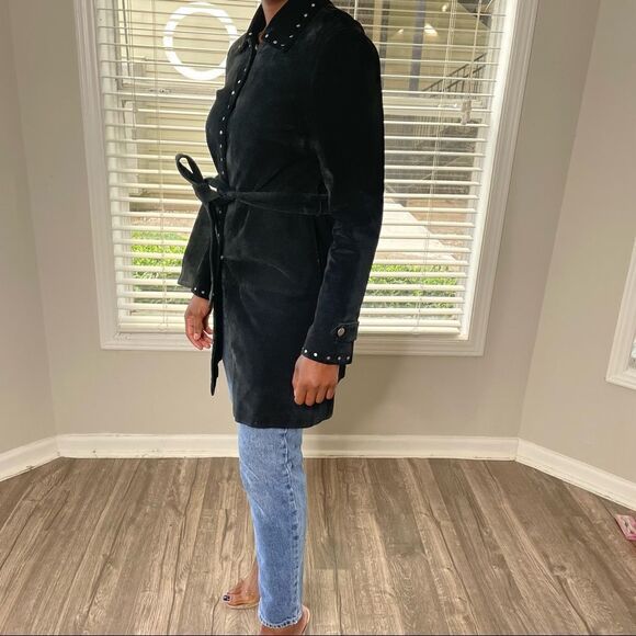 Express Vintage Suede Leather Studded Belted Trench Coat Jacket - Picture 10 of 10